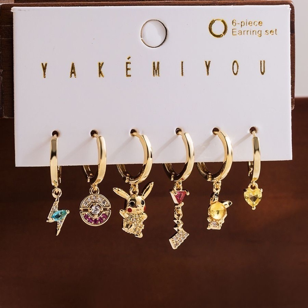 14K Gold Plated Pokemon Pikachu Theme Huggie Hoop Dangle Earrings Set